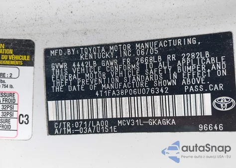 2006 Toyota Camry Solara Sle из США, поврежденный, VIN 4T1FA38P06U076342